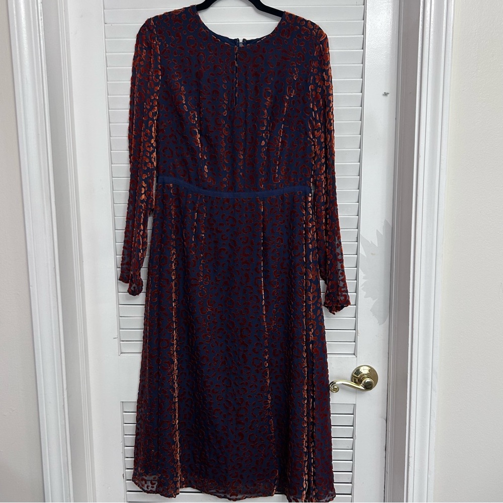 Boden Marie long sleeve midi dress navy blue orange velvet animal print sz 12 - Picture 2 of 8
